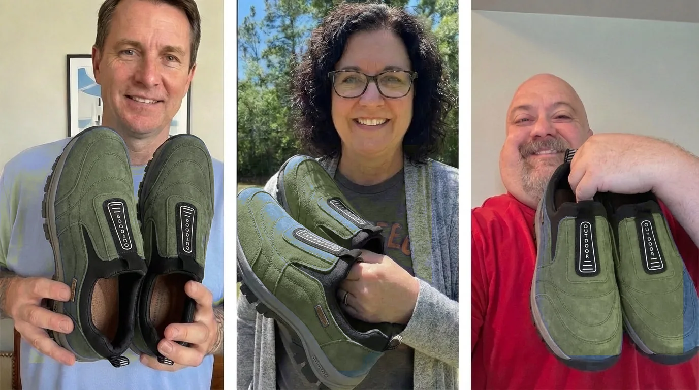 Three customers holding their TRONG-C Corre Behon shoes