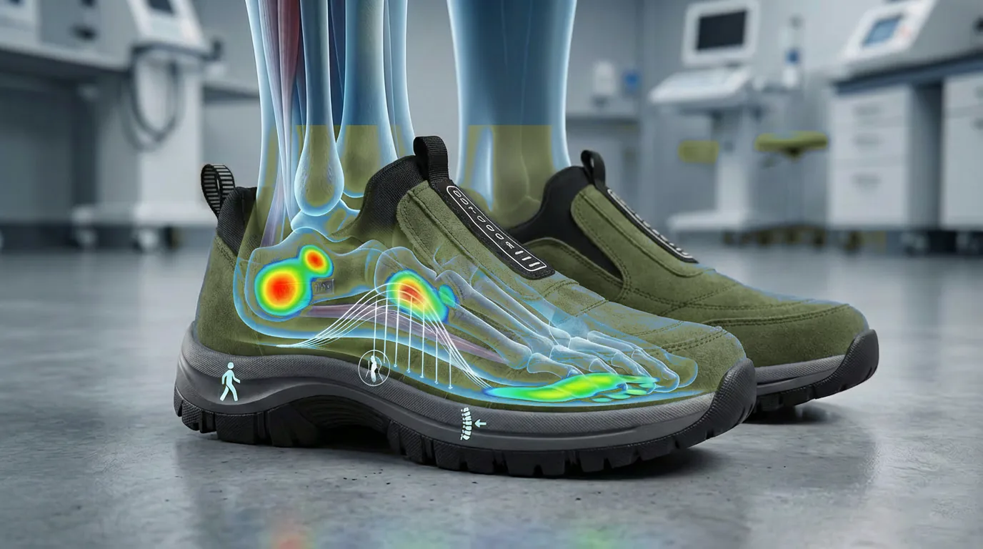 Pressure map showing how the TRONG-C Corre Behon footbed supports the heel and arch