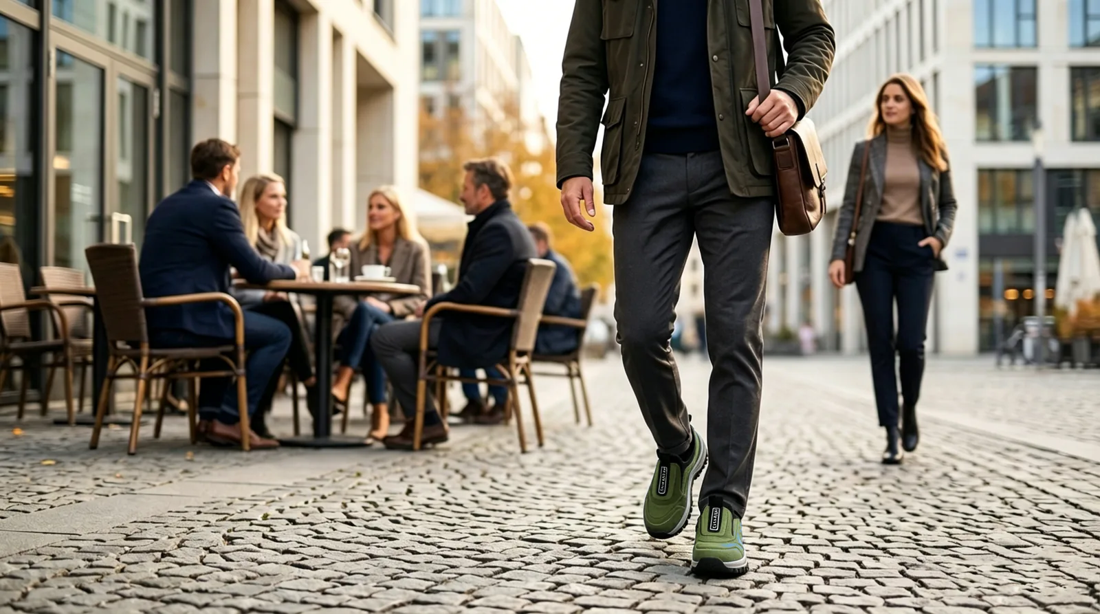 A man walking through town wearing TRONG-C Corre Behon all-weather shoes